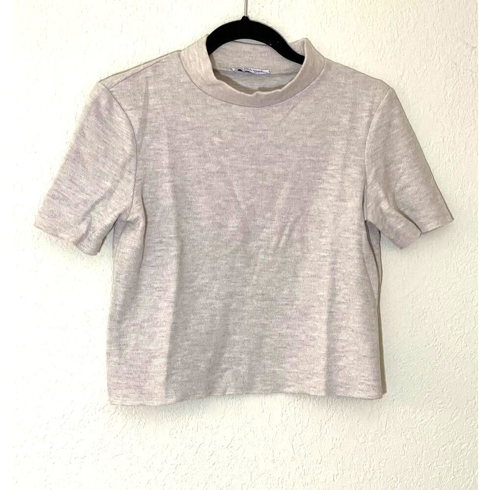 Zara Cotton Poly Blend Crop Mock Neck Tan Top SIZE M